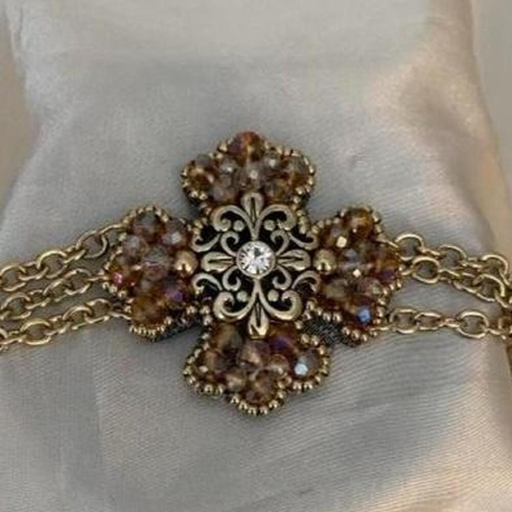 Vintage Gold Tone Amber Crystal Filigree Flower Bracelet Multi Chain Victorian